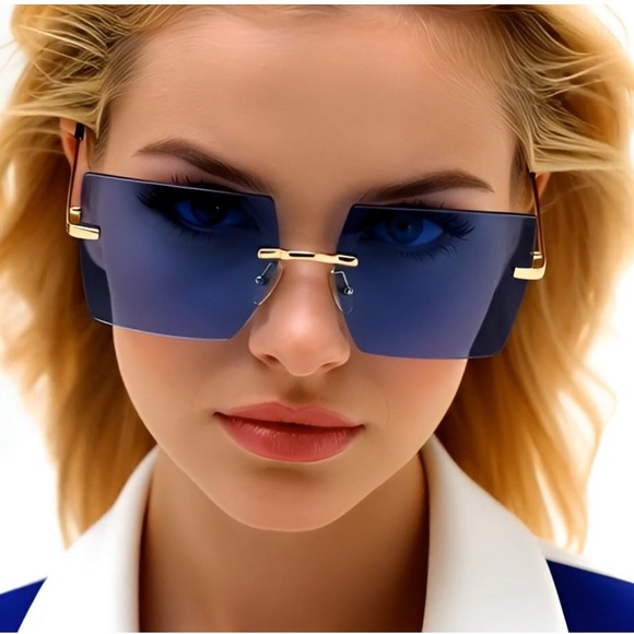 Square‎ Sunglasses Rimless Oversized Fashion Blue Tinted Lens Sun Glasses Women - Picture 10 of 10